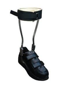 double metal upright AFO (DMUAFO), attached to black shoe